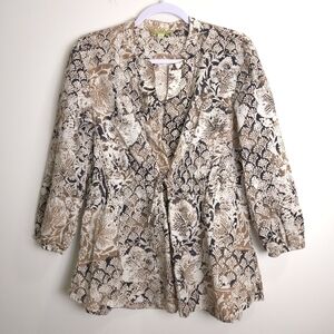 Sigrid‎ Olsen Earthy Floral Geometric Artsy Lagenlook 3/4 Sleeve Brown Blouse L